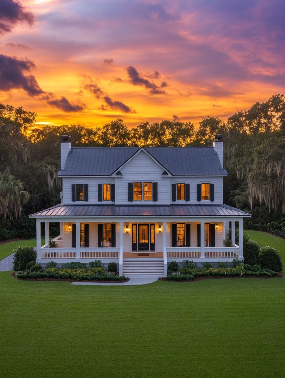 A two-story white house with a wraparound porch sits on a manicured lawn, illuminated by interior lights, with a dramatic sunset sky in the background.