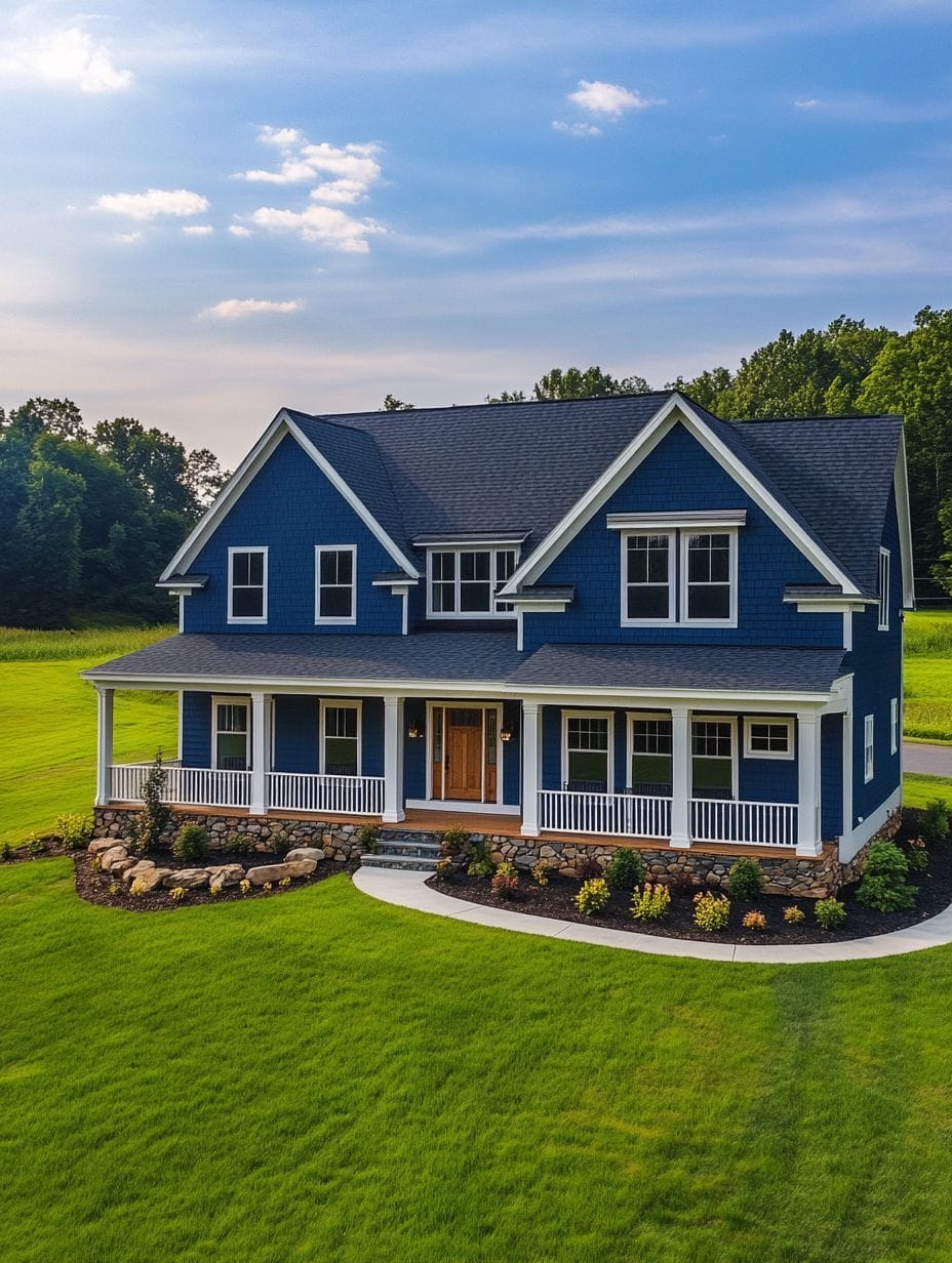 A two-story blue house with white trim, a covered front porch, landscaped yard, and surrounded by green grass and trees under a partly cloudy sky.