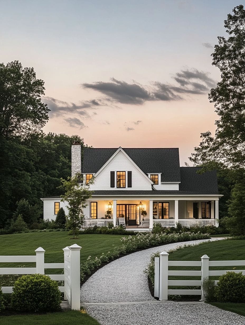 A white two-story house with a wraparound porch, lit windows, and a gravel walkway, surrounded by green lawn and trees at sunset.
