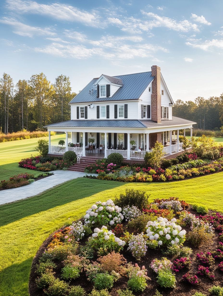 A white two-story house with a wraparound porch, surrounded by well-maintained lawns, flower beds, and a garden, on a sunny day.