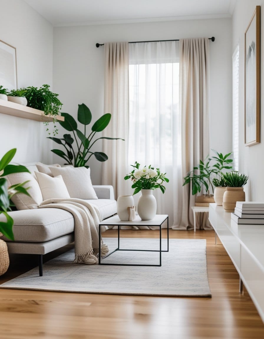 A modern living room with a beige sofa, light throw blanket, white vases, green plants, a rug, and natural light from a window with cream curtains.