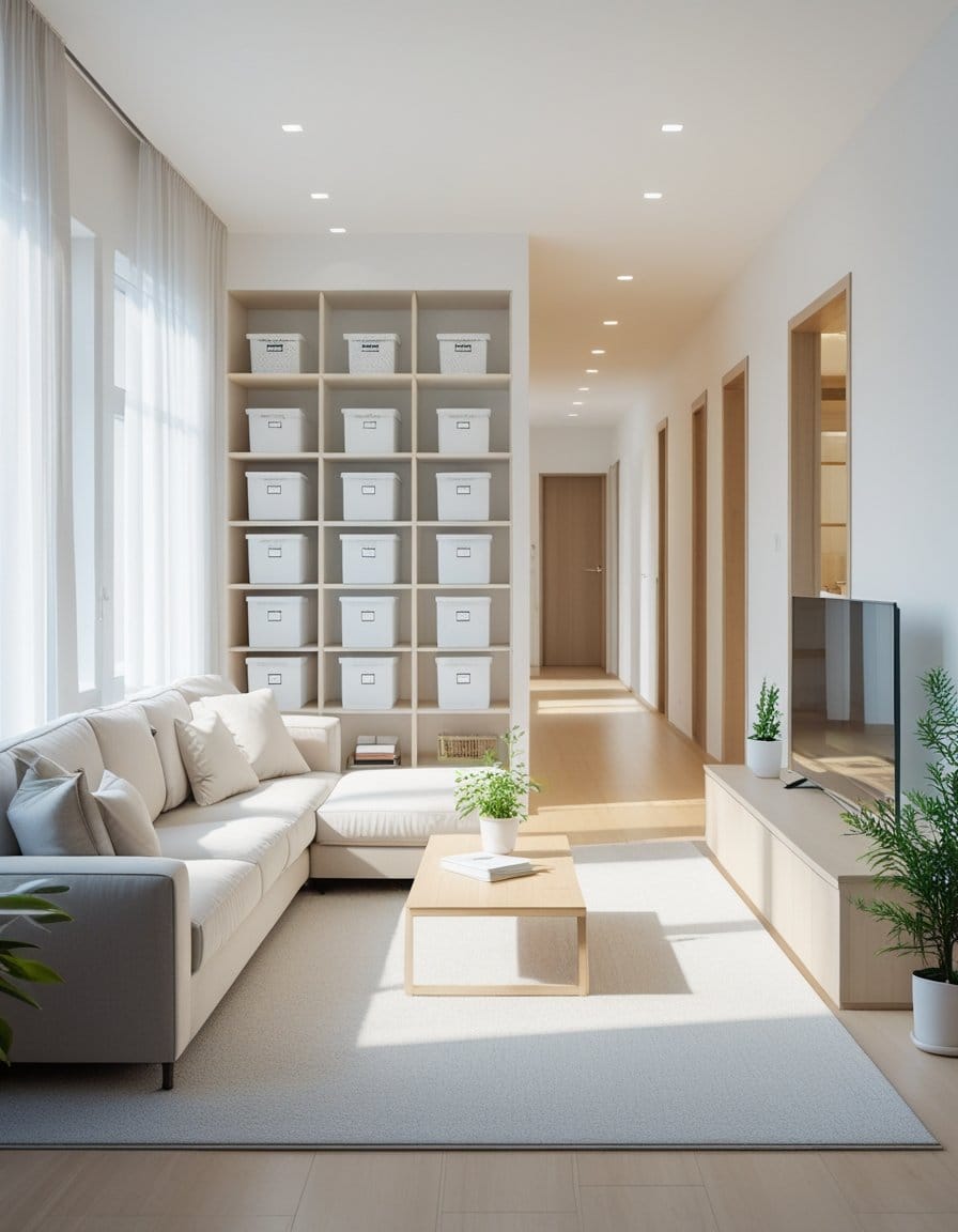 Bright living room with a light sofa, coffee table, TV, and organized shelves filled with labeled storage boxes along the wall. Large windows let in natural light.