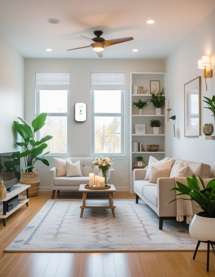 A modern, well-lit living room with two sofas, a coffee table with candles and flowers, a TV, built-in shelves with decor, and several potted plants.