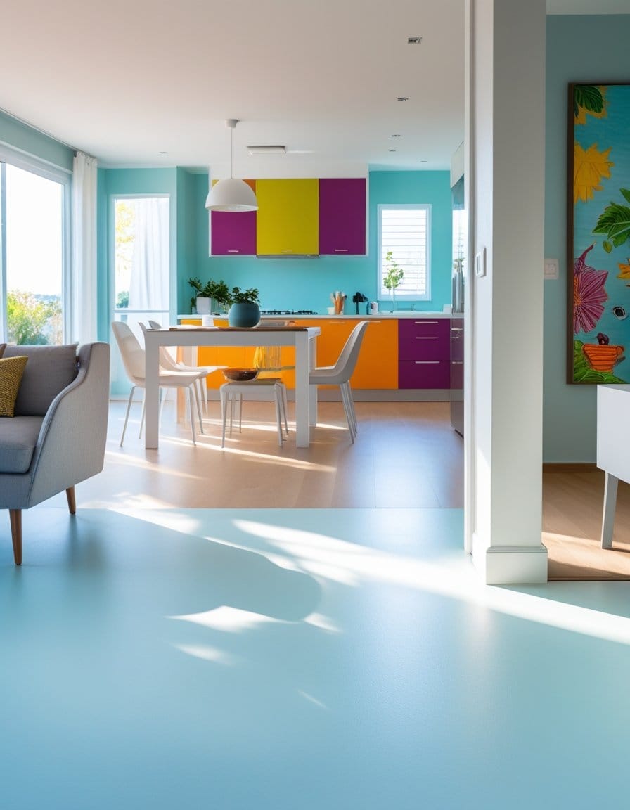 A modern kitchen and dining area with bright turquoise, purple, and orange cabinets, white chairs, and large windows letting in natural light.