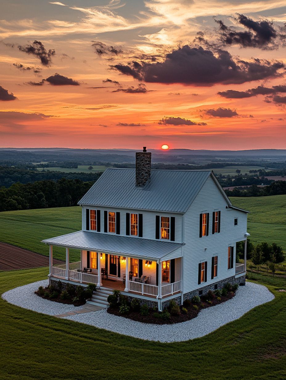 A two-story white farmhouse with wraparound porch sits in a green field at sunset, with the sky glowing orange and pink in the background.