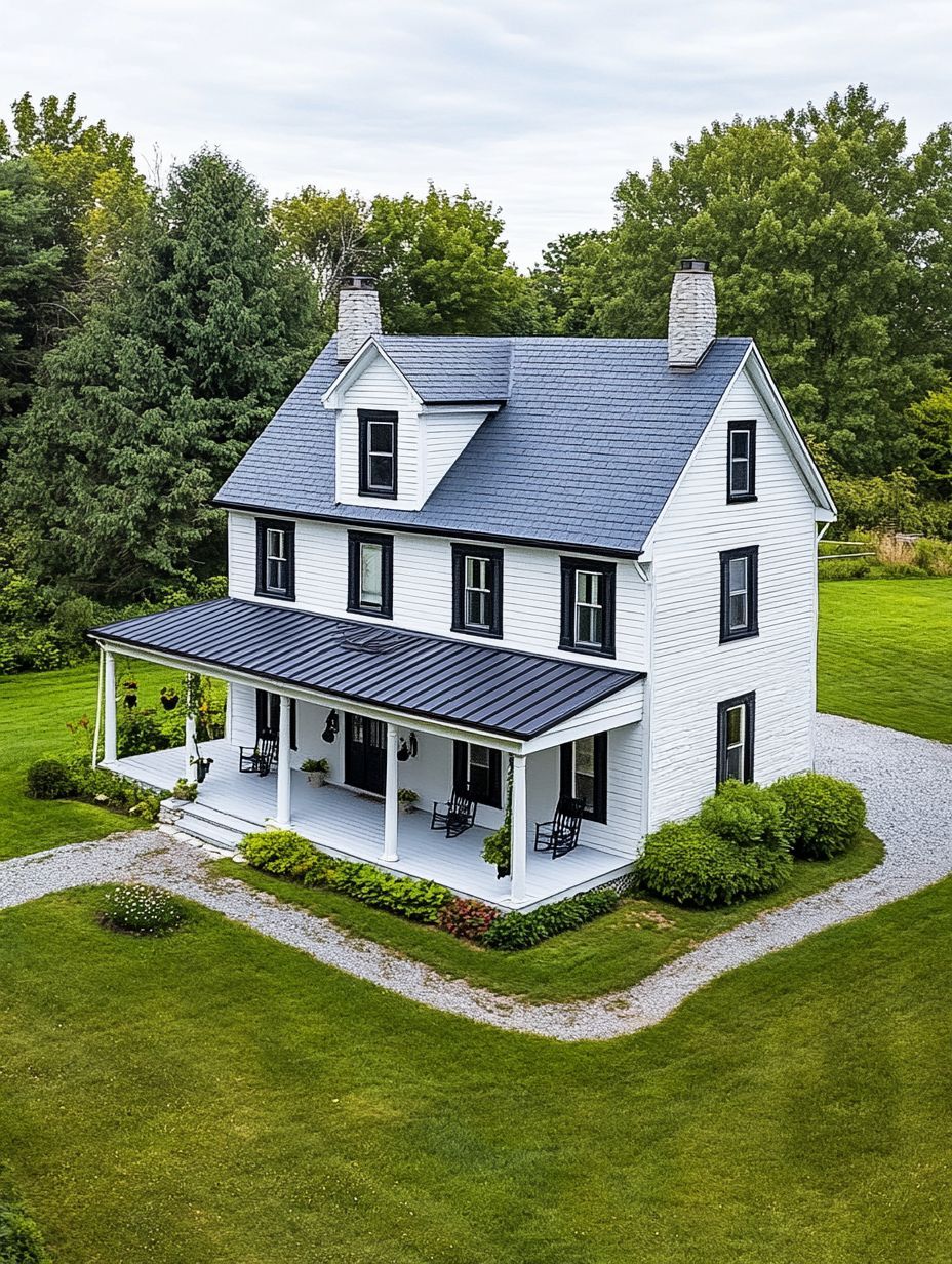 A two-story white farmhouse with a covered front porch, black roof, and black shutters, surrounded by green lawn, shrubs, and trees.