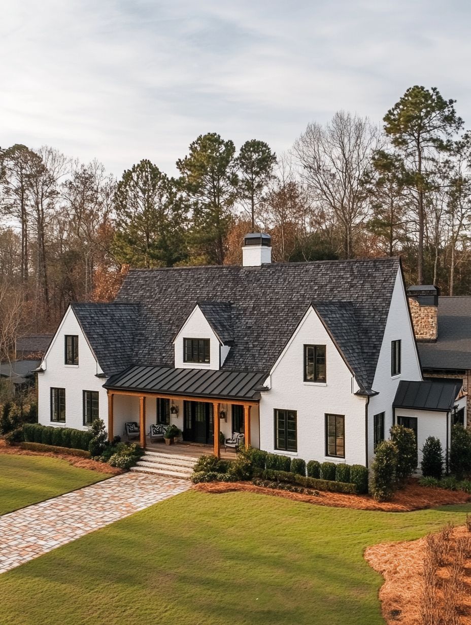 A two-story white house with a dark gray roof, front porch, black shutters, and a brick walkway, surrounded by lawn and trees.