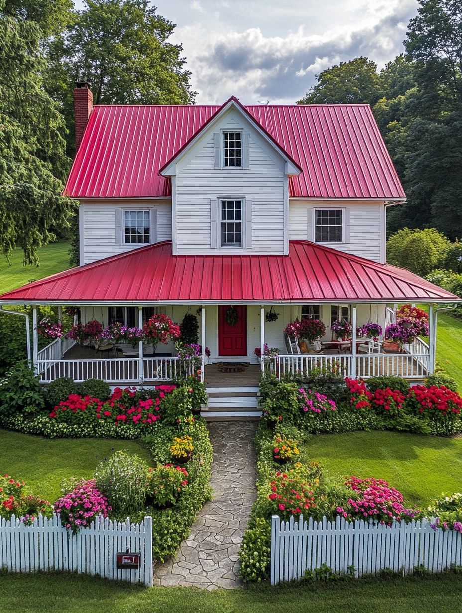 White two-story house with a red metal roof, large wraparound porch, white picket fence, and vibrant flower gardens in front, surrounded by green lawn and trees.