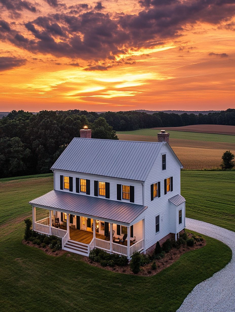 A white two-story farmhouse with a wraparound porch sits on a large green lawn at sunset, surrounded by fields and trees under a dramatic sky.
