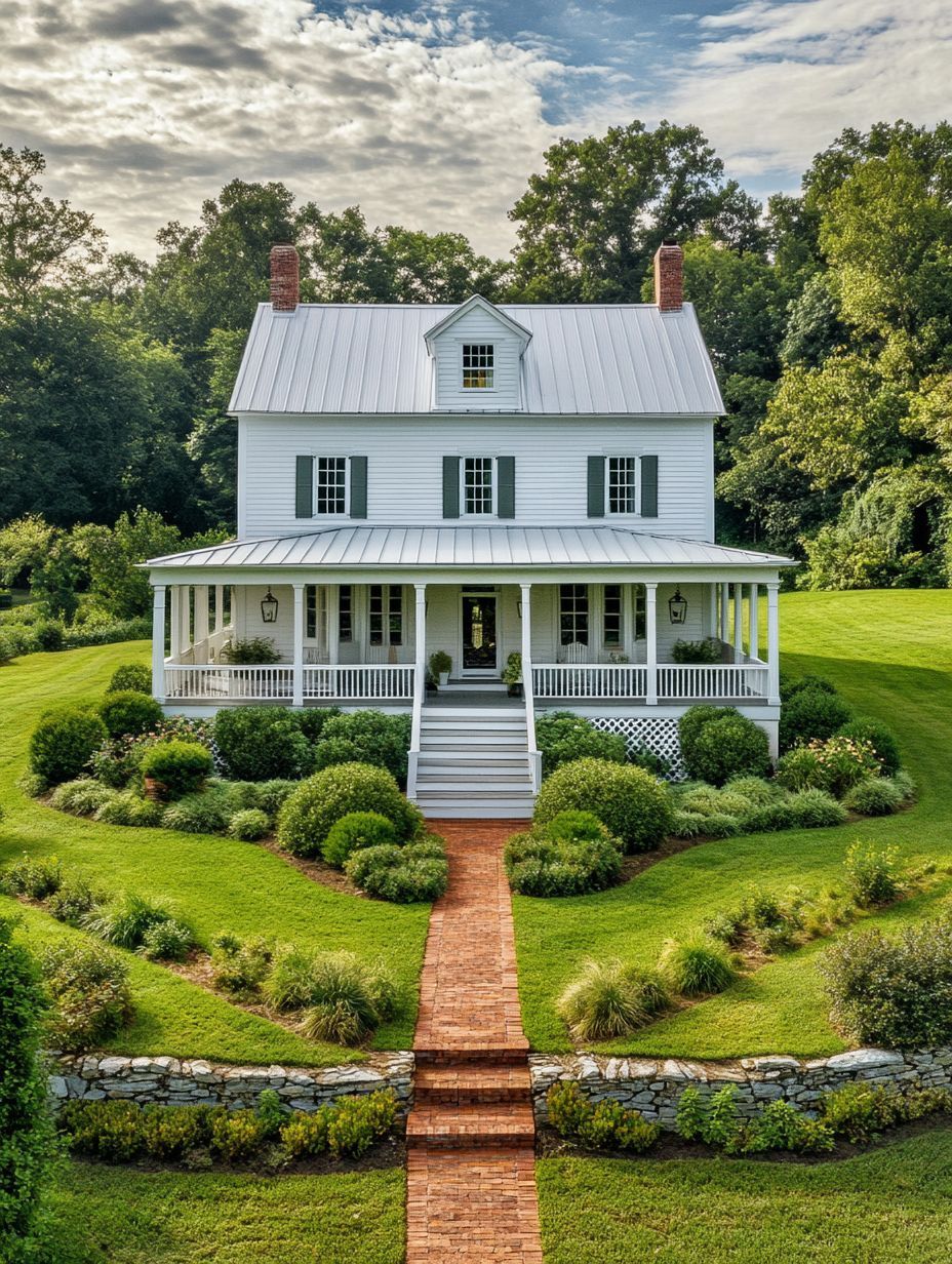 White two-story house with a metal roof and wraparound porch, surrounded by manicured bushes, lush lawn, and trees, with a brick walkway leading to the front steps.