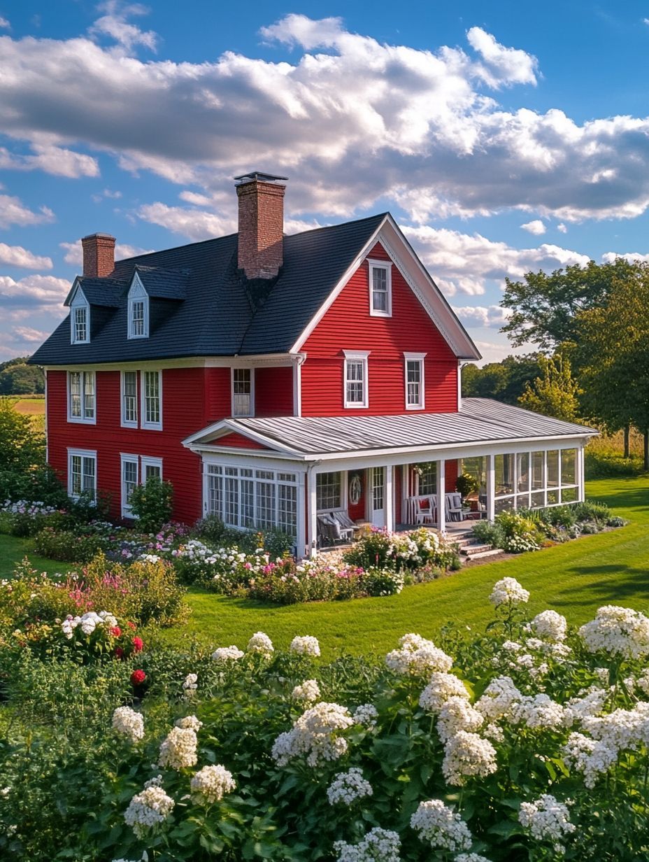 A red two-story house with a covered porch sits amid a well-kept green lawn and blooming flower garden under a partly cloudy sky.