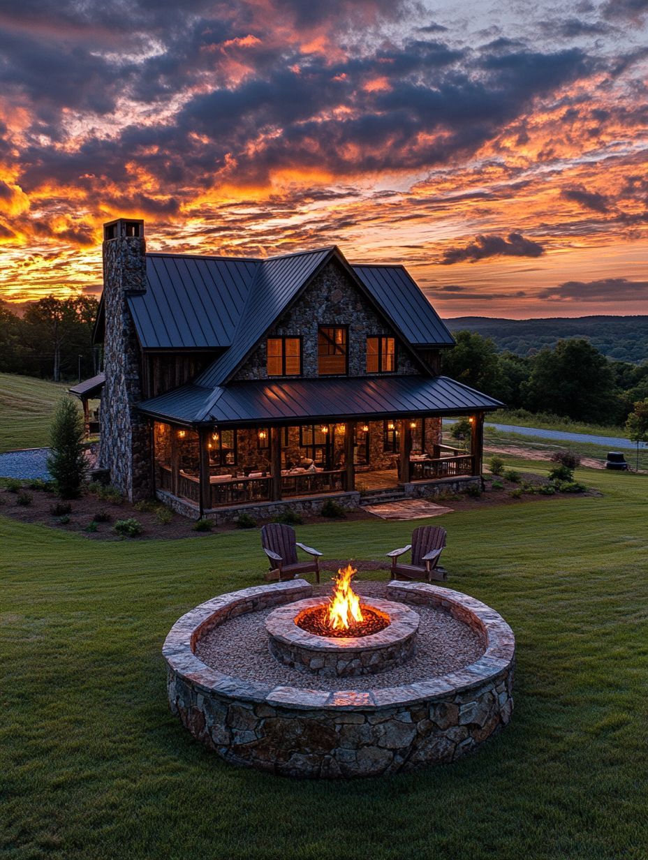 A stone house with a metal roof sits on a grassy lawn at sunset, with a lit fire pit and two chairs in the foreground.