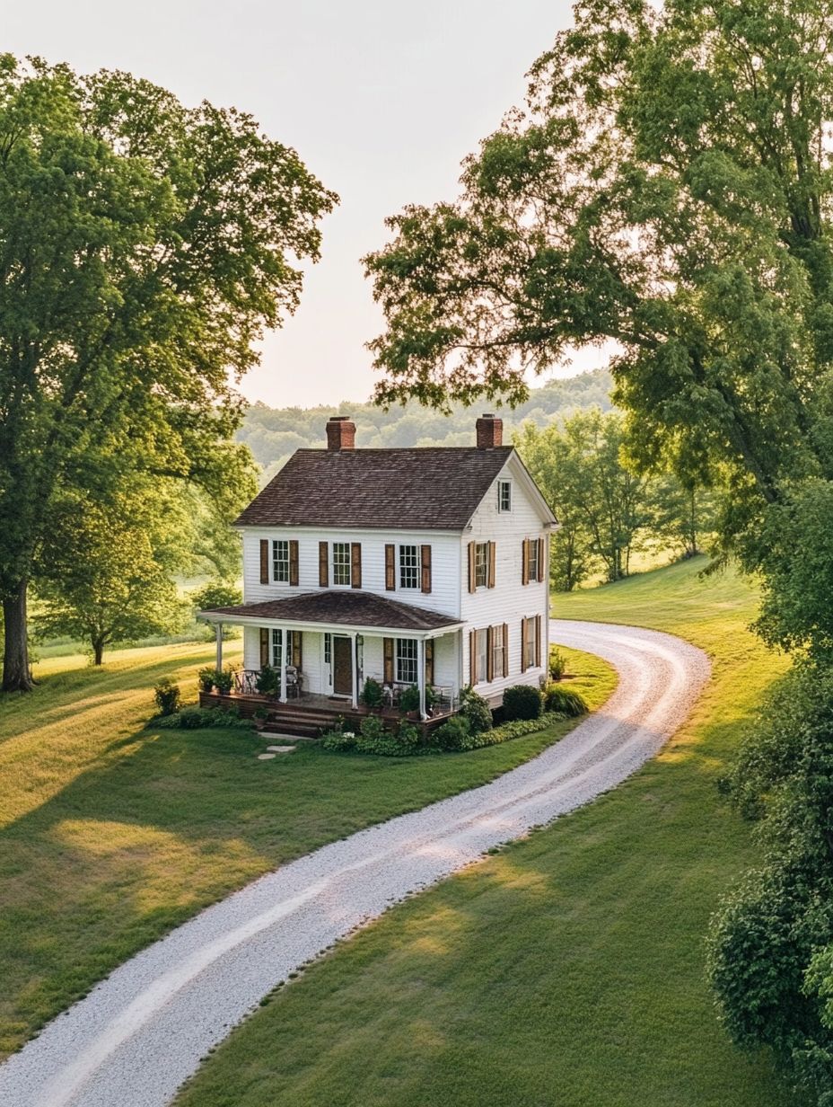 A white two-story house with a front porch sits in the middle of a grassy yard, surrounded by trees and encircled by a curved gravel driveway.