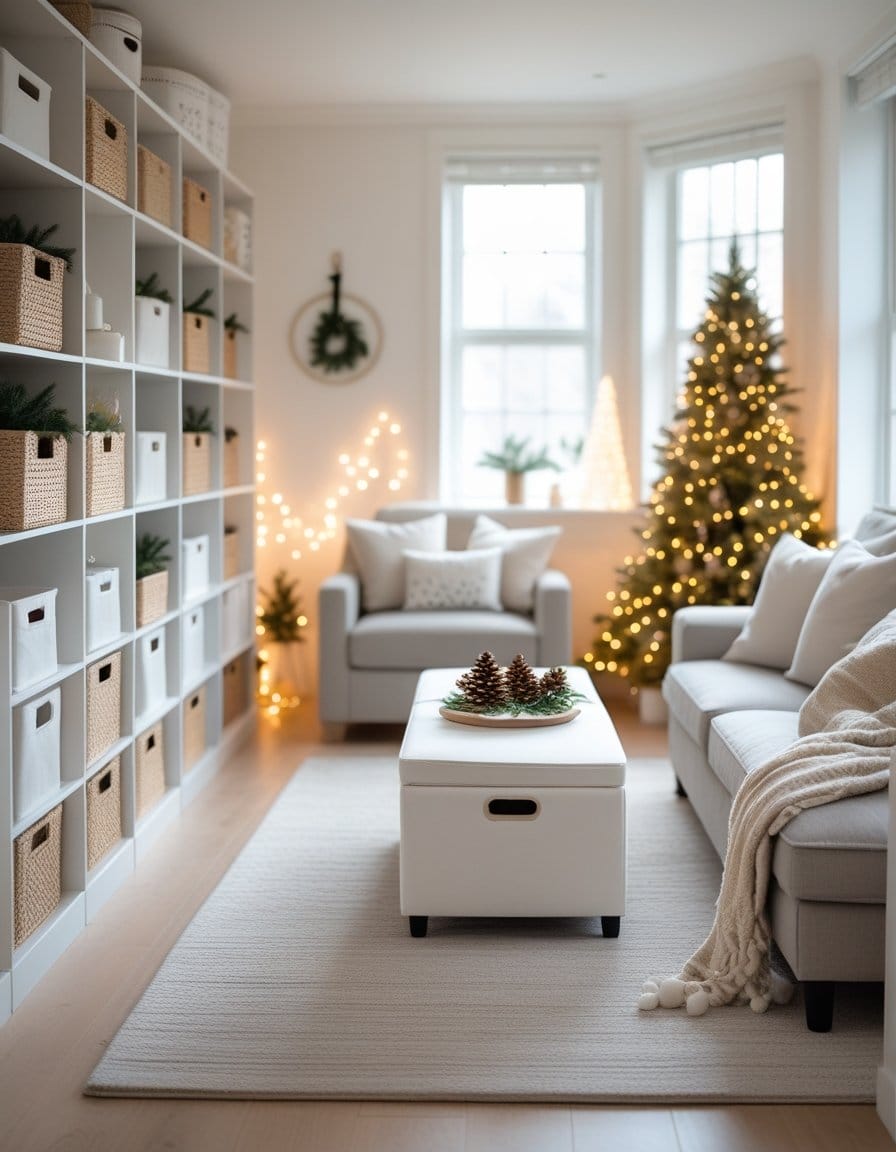 A modern living room with neutral decor, a bookshelf filled with baskets, a lit Christmas tree, string lights, and cozy seating.