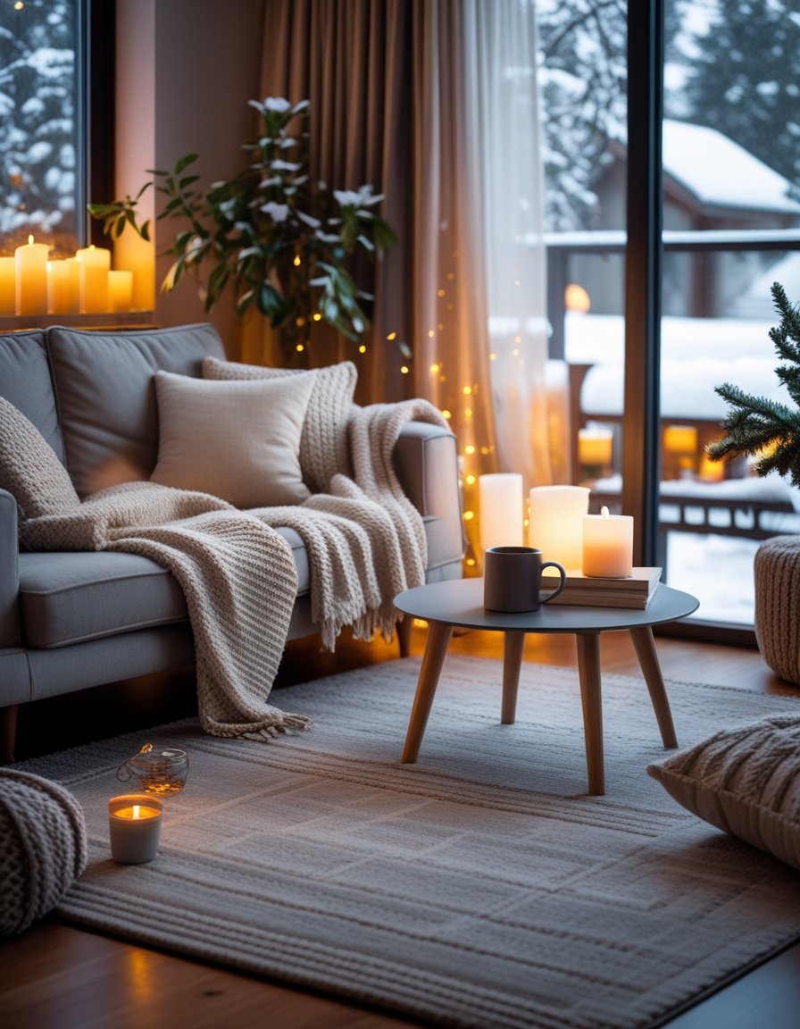A cozy living room with a sofa, knit blankets, candles on a table, soft lighting, and a snowy winter scene visible through large windows.