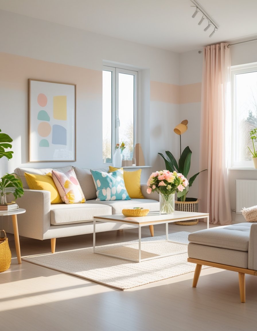 A modern living room with a beige sofa, colorful pillows, a white coffee table, potted plants, abstract wall art, and large windows with pink curtains letting in natural light.