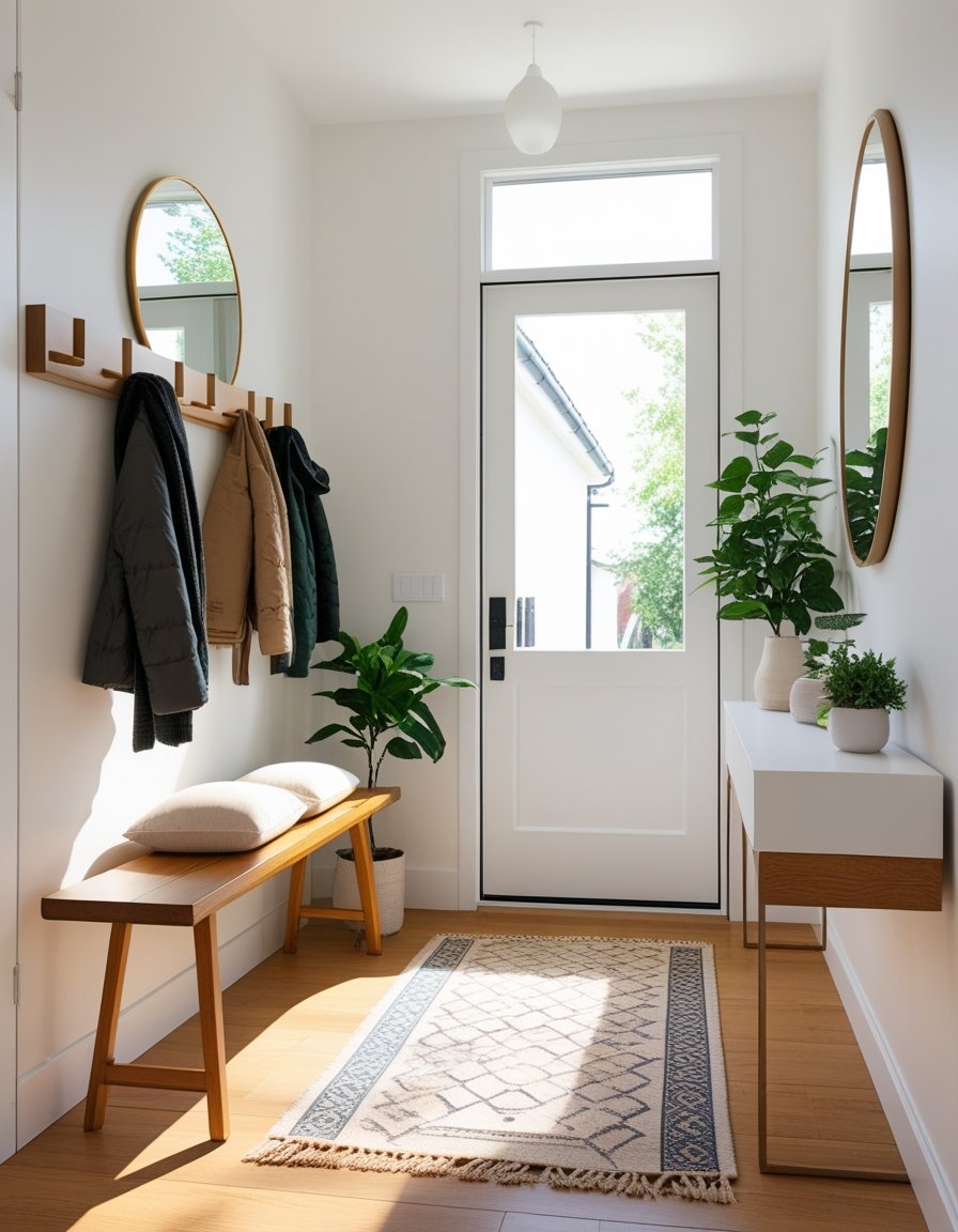 A bright entryway with a bench, coat rack, potted plants, a rug, a console table, and two round mirrors, illuminated by natural light from a glass door.