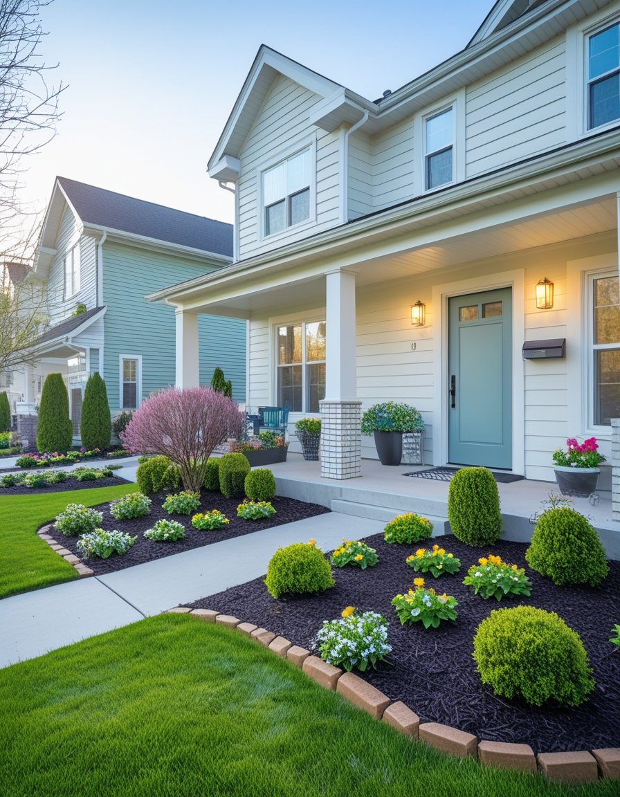 A well-maintained suburban house with a front porch, manicured lawn, neatly trimmed bushes, blooming flowers, and decorative landscaping.