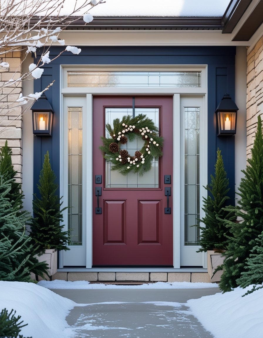 A red front door with a holiday wreath is flanked by two lit lanterns and evergreen shrubs, with snow covering the ground and steps.