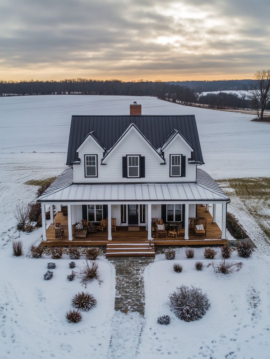 A white two-story farmhouse with a wraparound porch sits in a snowy field under a cloudy sky at sunset.
