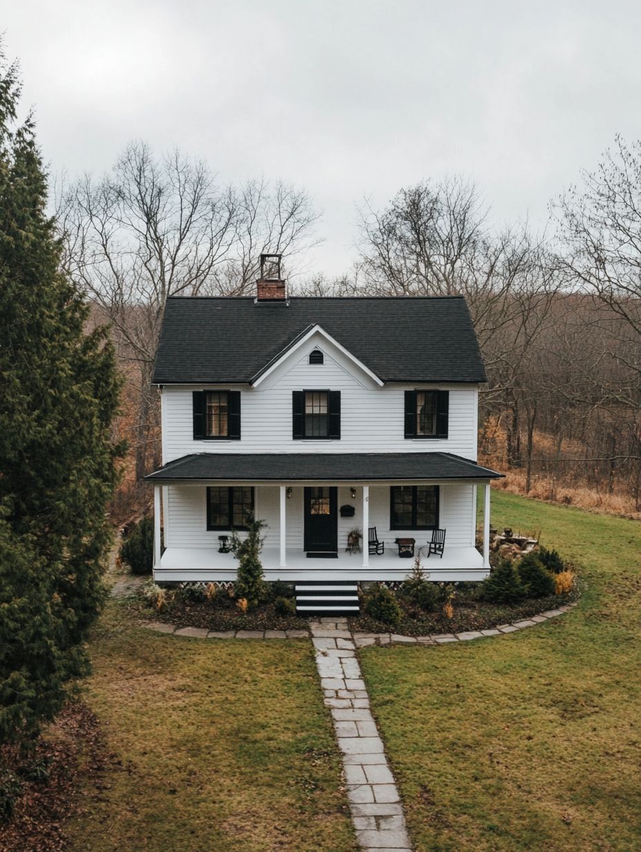 A two-story white house with black shutters and a front porch sits among trees and a grassy yard, with a stone path leading to the entrance.