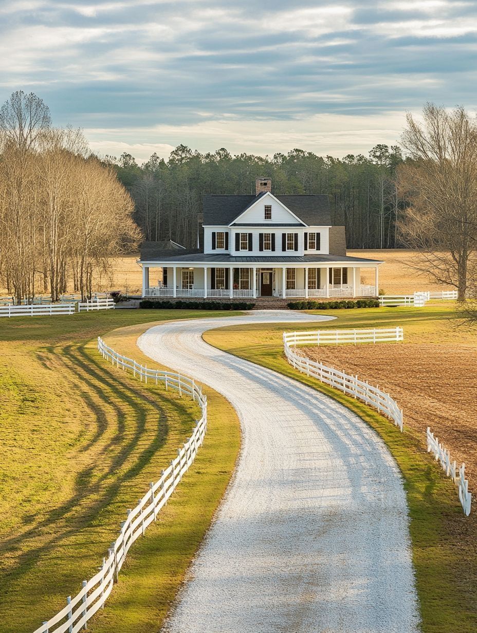 A white farmhouse with a large porch sits at the end of a curved gravel driveway, bordered by white fences and surrounded by open fields and trees.