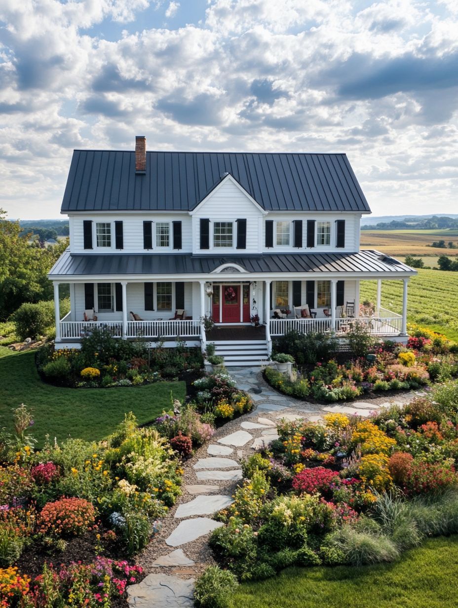 A two-story white house with a red door and front porch is surrounded by a landscaped garden with colorful flowers, set in a rural area under a partly cloudy sky.
