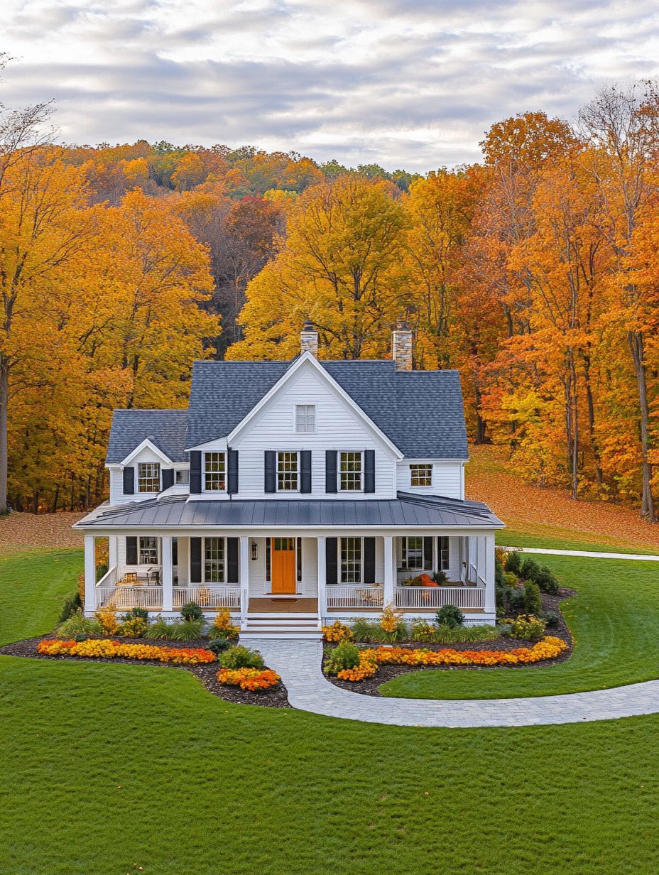 A white two-story house with a front porch sits on a manicured lawn, surrounded by autumn trees with orange and yellow leaves.