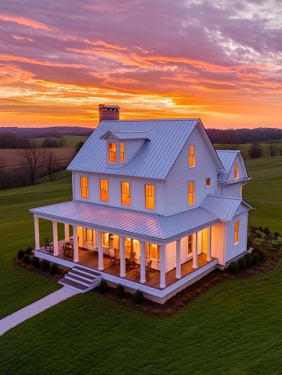 Two-story white farmhouse with a wraparound porch sits on a green lawn at sunset, with warm lights glowing from the windows.