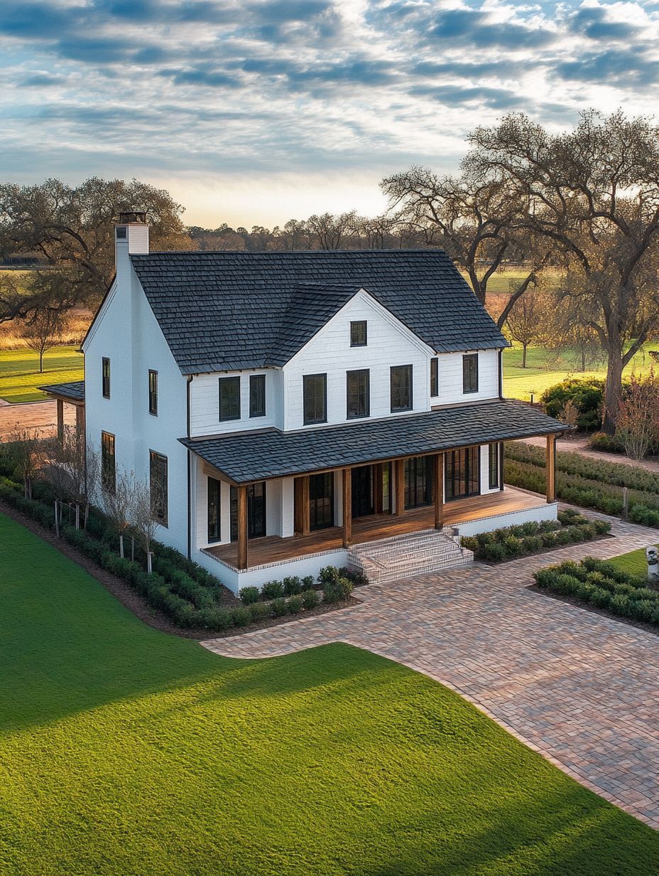A two-story white farmhouse with a dark roof, front porch, and brick walkway, surrounded by green lawn and large trees under a partly cloudy sky.