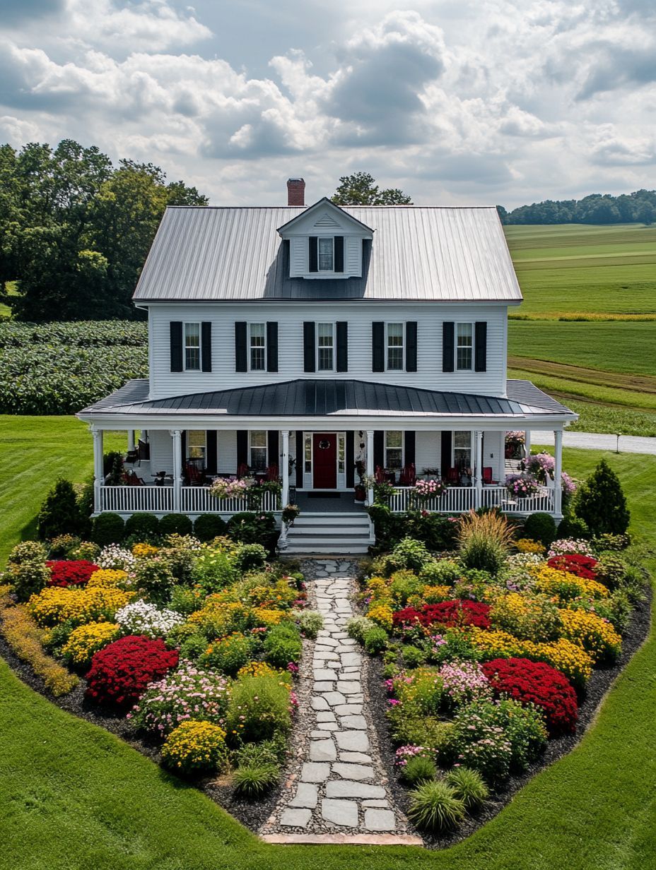 A white two-story farmhouse with a wraparound porch and a stone path leading through a colorful, well-maintained flower garden in the front yard. Fields and trees are visible in the background.