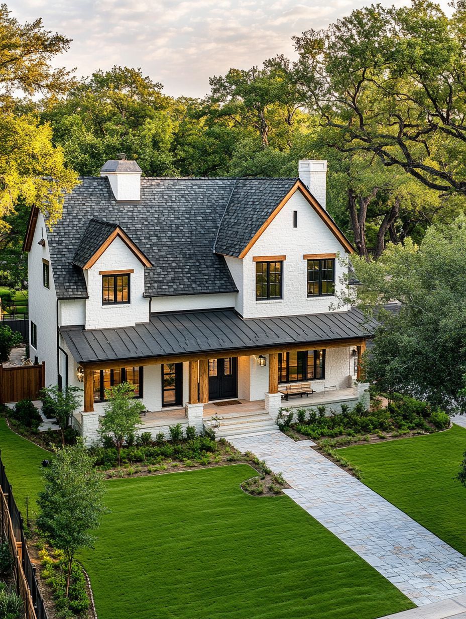 Two-story modern farmhouse with white brick exterior, dark roof, covered front porch, landscaped yard, and stone walkway leading to the entrance, surrounded by trees.