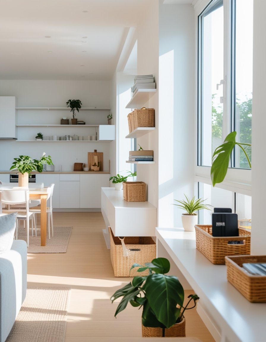 A bright, modern living and dining area with white walls, large windows, wooden furniture, green plants, and woven baskets for storage.