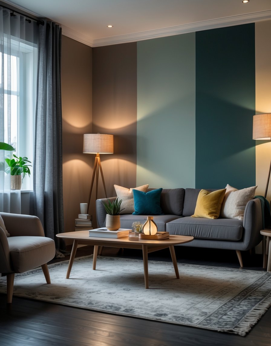 A modern living room with a gray sofa, colorful cushions, a wooden coffee table, armchair, two floor lamps, and a striped accent wall. Natural light enters through a window with curtains.