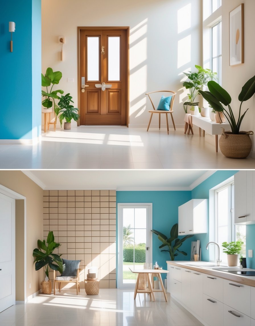 Two bright, modern rooms with large windows, wood accents, green plants, and blue and beige walls; one is an entryway, the other a kitchen with white cabinets and a seating area.
