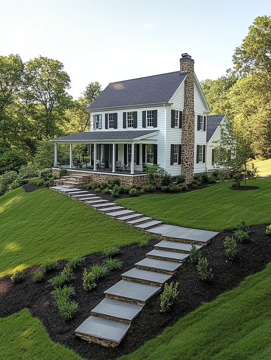 Two-story white house with a wraparound porch, stone chimney, and pathway steps on a sloped, landscaped lawn surrounded by trees.