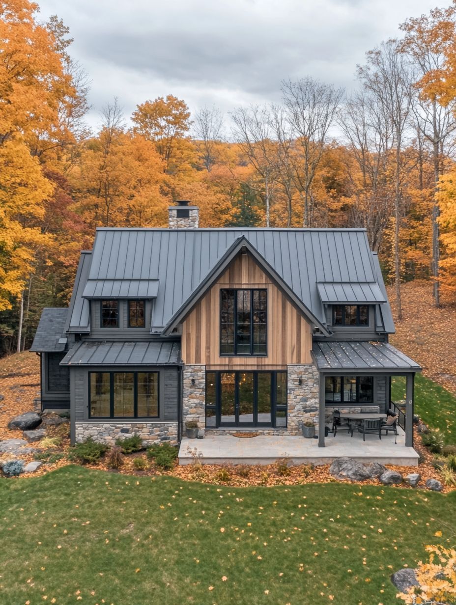 A modern two-story house with a metal roof, stone and wood exterior, sits in a yard surrounded by autumn trees with orange and yellow leaves.