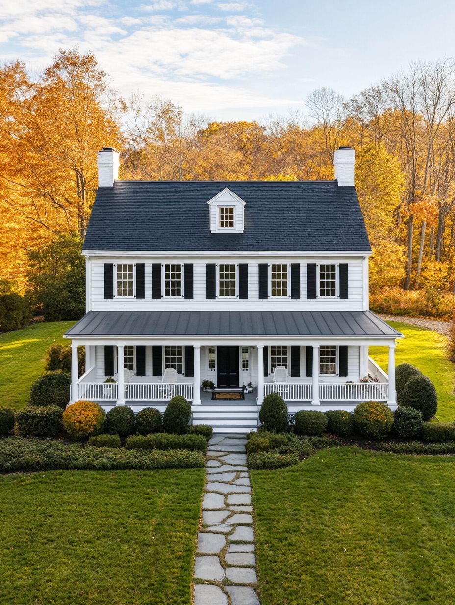 Two-story white house with black shutters, front porch, and stone walkway, surrounded by neatly trimmed bushes and autumn trees.