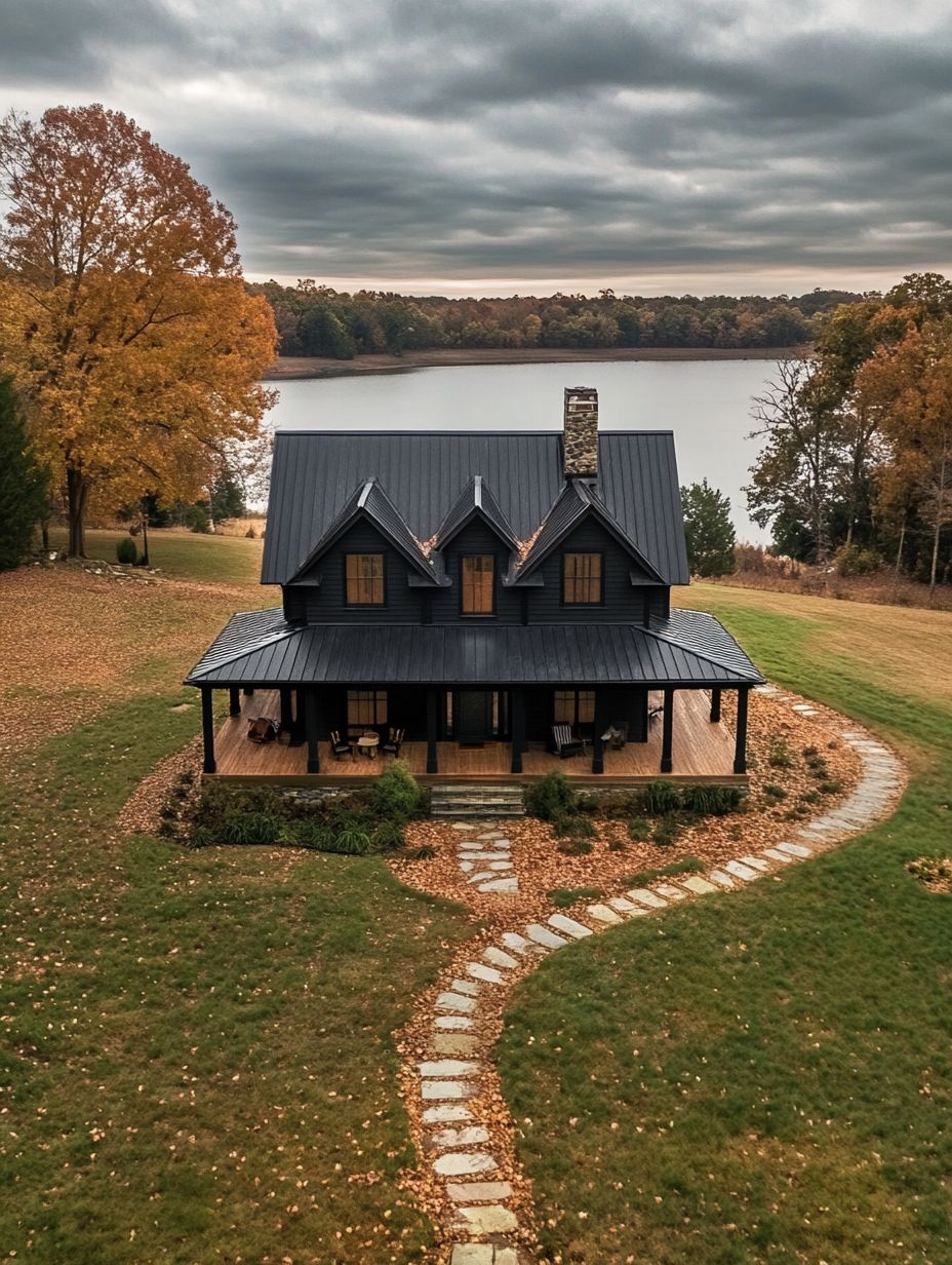 A two-story black house with a covered porch sits near a lake, surrounded by autumn trees and a stone walkway leading to the front door.
