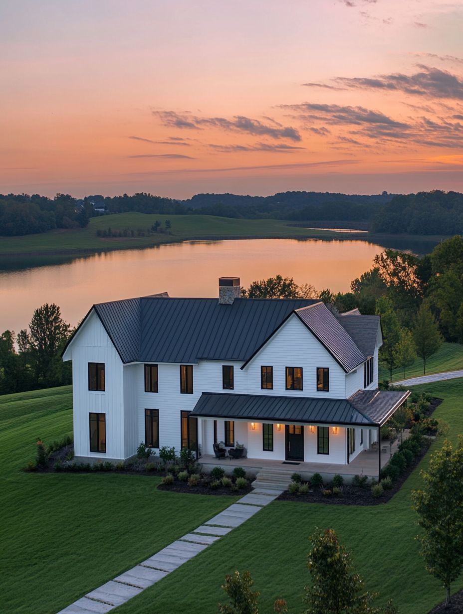 A modern white farmhouse with black roof sits on a large, green lawn beside a lake at sunset, with trees and rolling hills in the background.