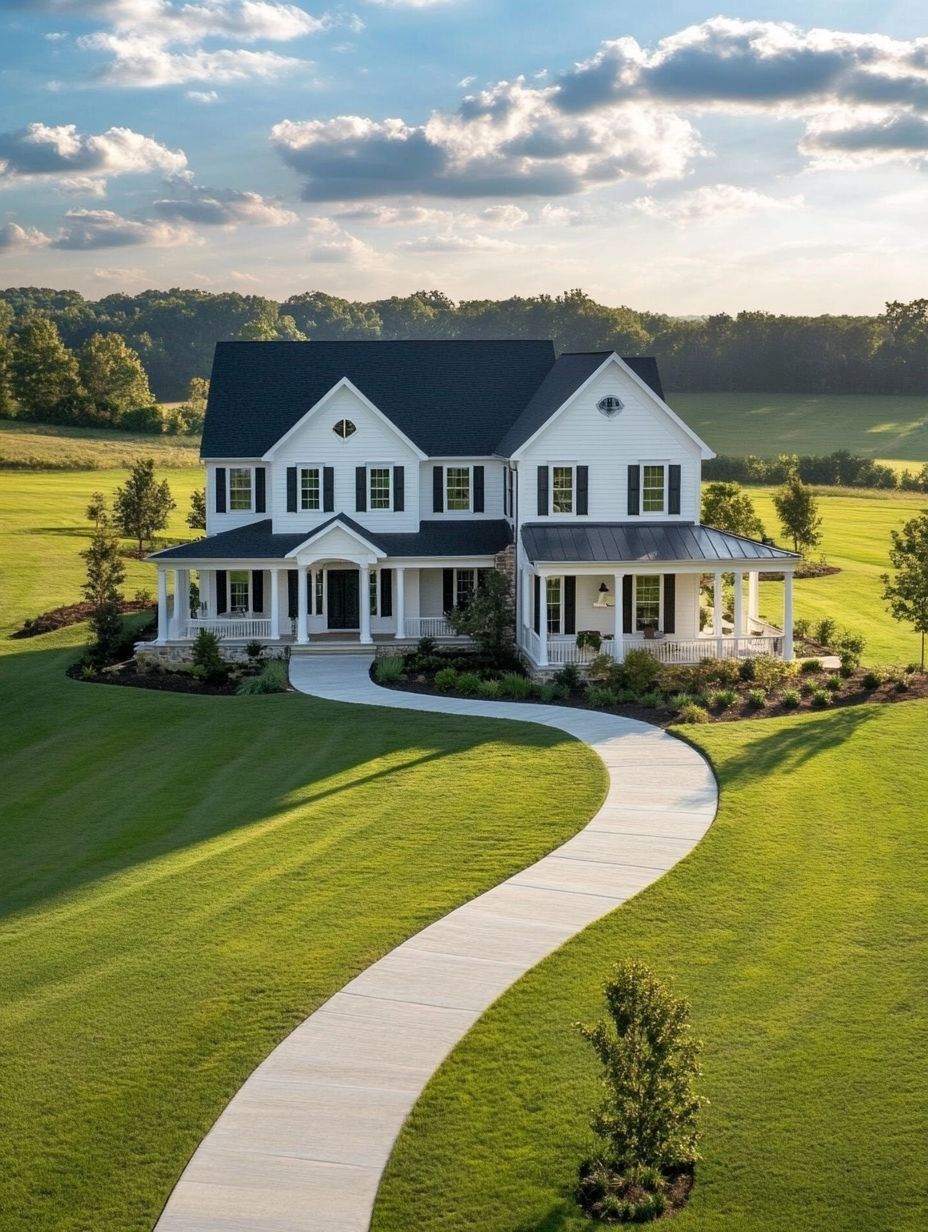 A two-story white house with black shutters and a wraparound porch, set on a large, manicured lawn with a curved walkway and surrounded by trees under a partly cloudy sky.