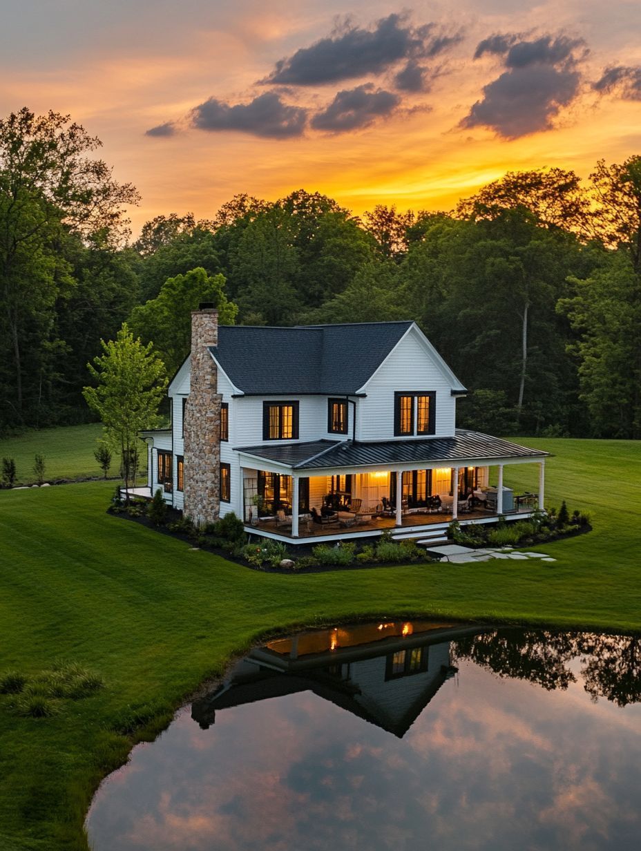A two-story white house with a wraparound porch and stone chimney sits by a pond, surrounded by green grass and trees, at sunset.