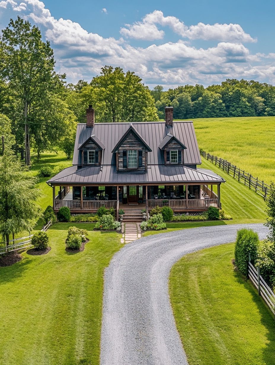 A gravel driveway leads to a two-story farmhouse with a metal roof, wraparound porch, and chimney, surrounded by green lawn, trees, and split-rail fencing in a rural setting.