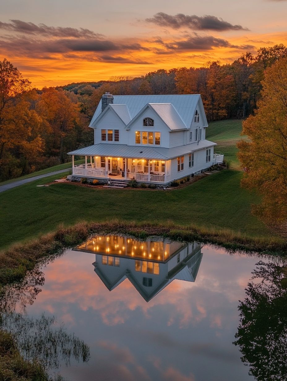 A house with a pond in the middle of the forest.
