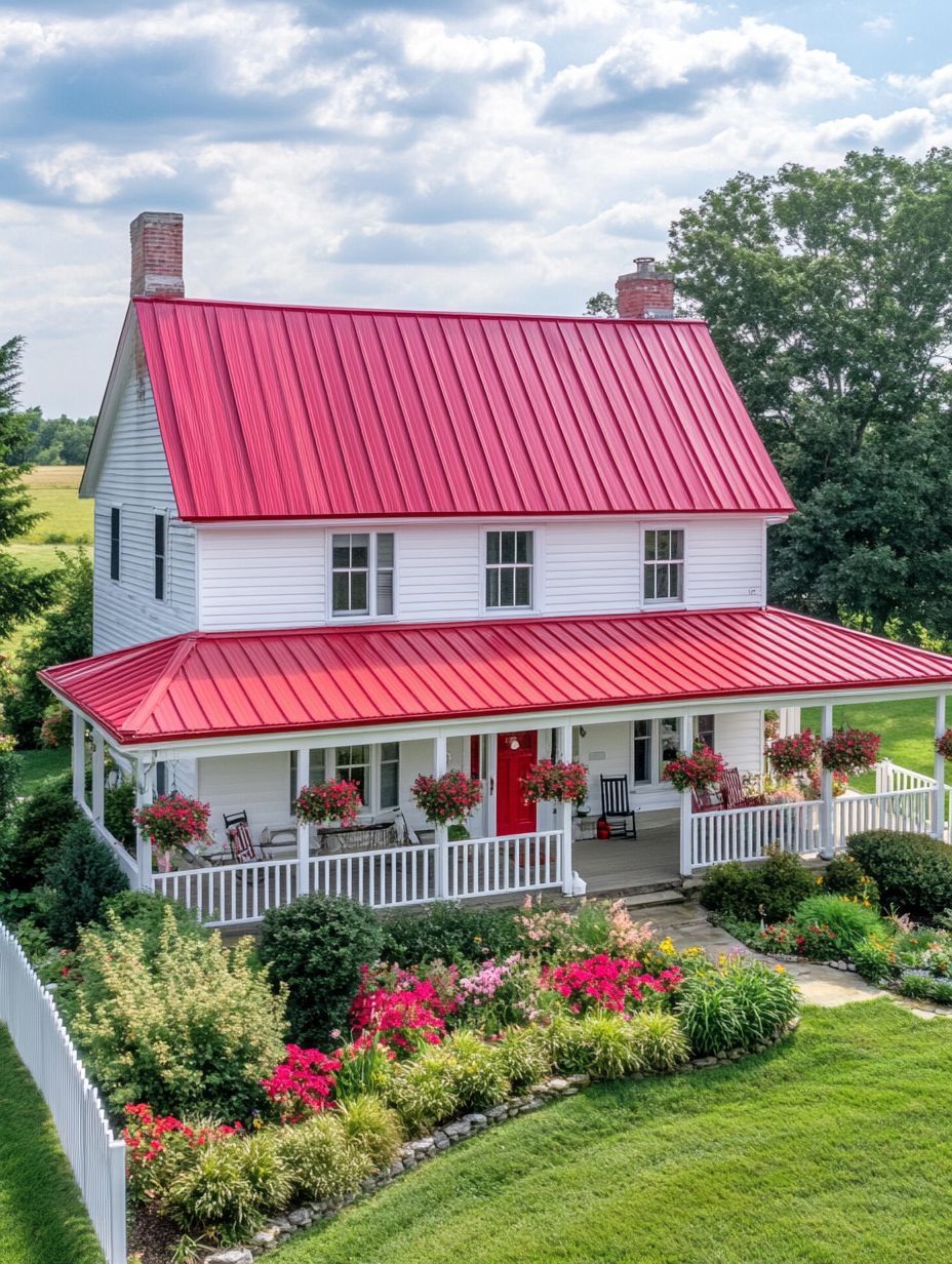 Two-story white house with a red metal roof, wraparound porch, white fence, and landscaped garden with colorful flowers and green grass.