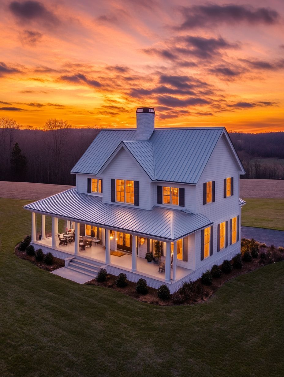 Two-story white house with a wraparound porch, lit from within, sits on a lawn at sunset with a dramatic sky in the background.