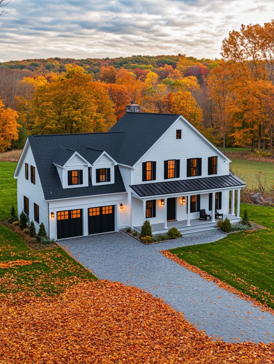 A two-story white house with black trim sits amid a green lawn and autumn trees, with fallen orange leaves covering part of the driveway and yard.