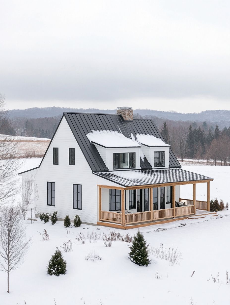A white two-story house with a black metal roof and a wooden porch sits in a snowy landscape surrounded by trees and shrubs.