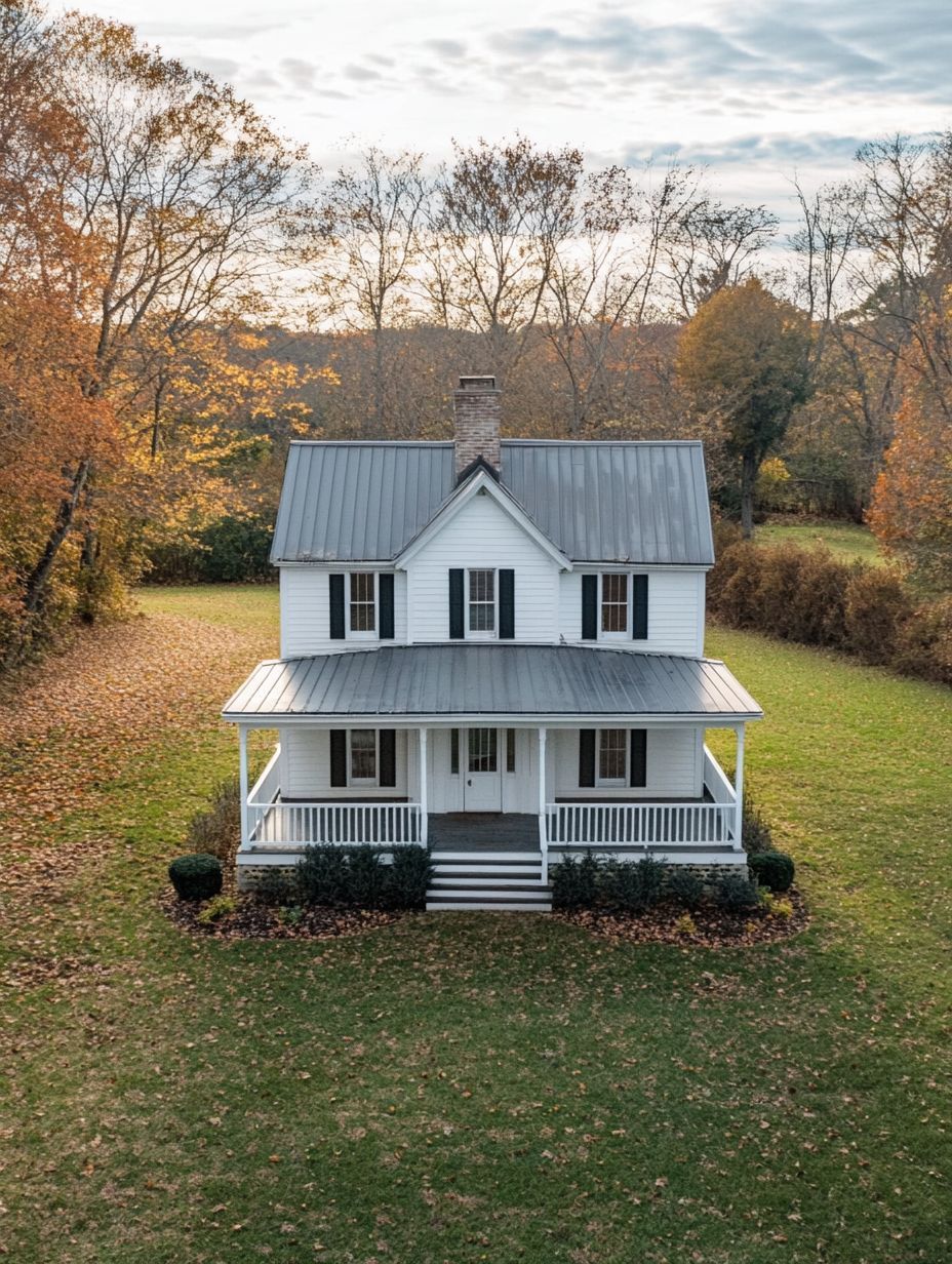 A two-story white house with a covered front porch sits on a large grassy lawn, surrounded by autumn trees under a partly cloudy sky.