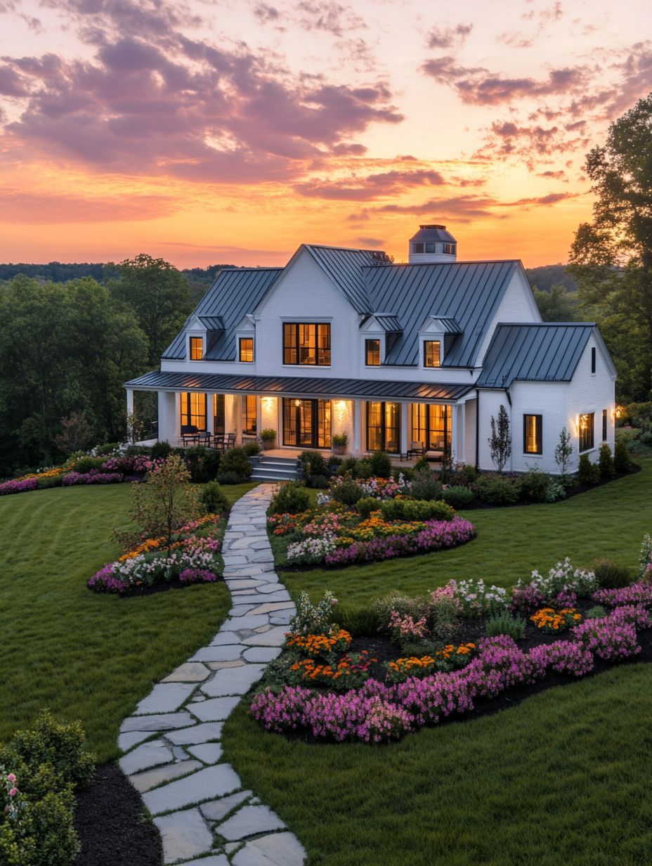 A white two-story house with a metal roof and large porch, surrounded by landscaped gardens and flowers, at sunset.